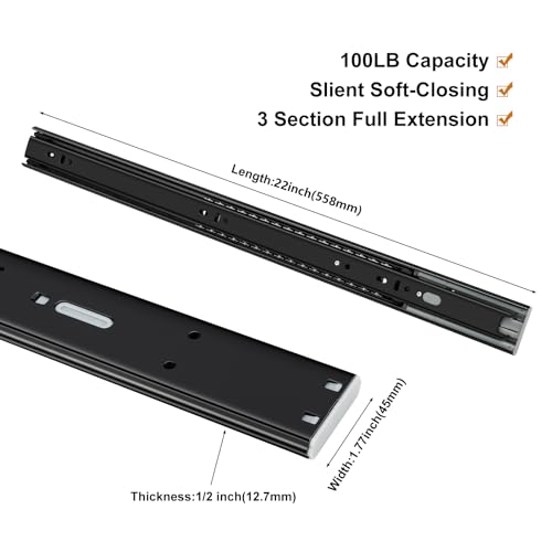 LONTAN 2 Pair Soft Close Drawer Slides 22 Inch Drawer Glides 22" Full Extension Ball Bearing Dresser Slides Furniture Replacement Parts Heavy Duty Rails 100lb Capacity - color: Black, size: 22 Inch