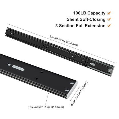 LONTAN 2 Pair Soft Close Drawer Slides 22 Inch Drawer Glides 22" Full Extension Ball Bearing Dresser Slides Furniture Replacement Parts Heavy Duty Rails 100lb Capacity - color: Black, size: 22 Inch