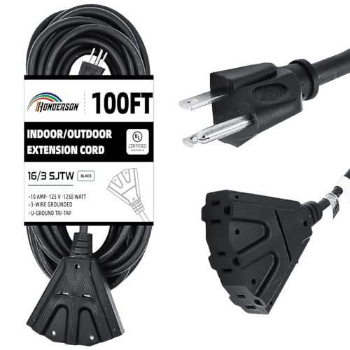3-Outlets Indoor Outdoor Extension Cord Weatherproof, UL Certified, 16 Gauge 100FT Black 3 Prong Heavy Duty, 16/3 SJTW 10A Power Cord - color: Black, size: 100FT
