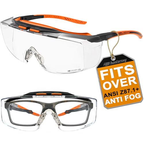 HTS HUNTERSKY ANSI Z87.1+ Anti Fog Lab Safety Glasses Fit Over Eyeglasses Up to 1.88 inch 100% UV Protective OTG Goggles - color: 3906c Black-orange / Clear Lens