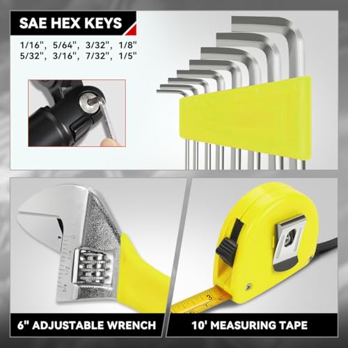 Auto Dynasty 18 Pcs Household Auto Repair Hand Tool Kit Set with Allen Keys Screwdrivers Tool Set Tap Measure Adjustable Wrench Utility Knife for Home Garage Warehouse Repair, Yellow - color: Yellow, size: 18 Pcs