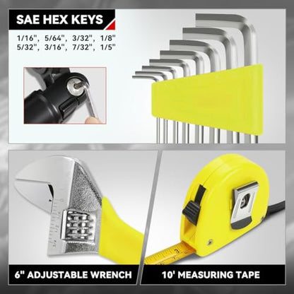 Auto Dynasty 16 Pcs Household Auto Repair Hand Tool Kit Set with Allen Keys Screwdrivers Tool Set Tap Measure Adjustable Wrench Utility Knife for Home Garage Warehouse Repair, Yellow - color: Yellow, size: 16 Pcs