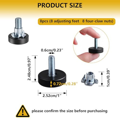 8 Pack 1/4" Wire Shelving Rack Thread Leveling Feet Bolt Adjustable Furniture Levelers Screw-in Furniture Feet Adjusters for Garden Chairs Tables Cabinets Bar Stool Stool Cupboard Couch Desk Sofa - size: 8x1/4"-with Nuts