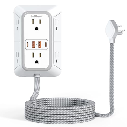 Power Strip Extension Cord - 6 Outlets and 4 USB (2 USB C), 5FT Braided Cord with Ultra Thin Flat Plug, 3 Side Outlet Extender with Overload Protection, Travel, Cruise Ship, Dorm Room Essentials - color: White wiht 5FT Cord
