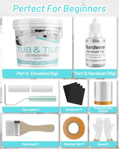 Tile Paint, 70 oz Tub and Tile Refinishing Kit with Hardener, Tub Paint for Bathtub Sink Bathroom Kitchen Countertop, Water Based & Low Odor, Semi-Gloss white, 100-110sq.ft - size: 70 Fl Oz (Pack of 1)