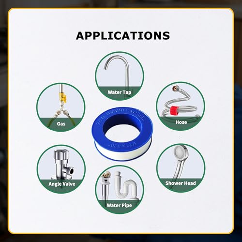 4 Rolls 1/2 Inch(W) X 520 Inches(L) Teflon Tape PTFE Thread Sealant Plumbers Tape for Seal Water Pipe, Shower Head,Prevent Leakage, White