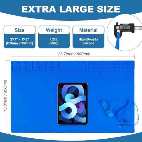 Silicone Soldering Mat, 13.8" x 23.7" Heat Resistant Workbench Pad for Soldering Station, 932°F Non-Magnetic Repair Mat with 111 Grid Cells and Anti-Static Wrist Strap for Electronics