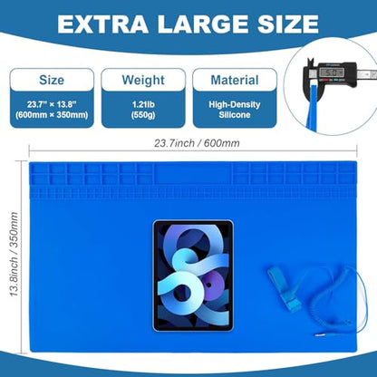 Silicone Soldering Mat, 13.8" x 23.7" Heat Resistant Workbench Pad for Soldering Station, 932°F Non-Magnetic Repair Mat with 111 Grid Cells and Anti-Static Wrist Strap for Electronics