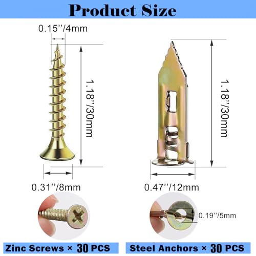 60PCS 0.47x1.18 inch Self-Drilling Anchors, Ancors and Screws for Heavy Duty, Metal Screw Anchors Kit, No Drill and Holes in Wall - size: 60PCS—0.47X1.18inch