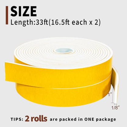 Yotache White Foam Seal Strips Tape 1" X1/8", High Density Closed Cell Foam Weather Stripping for Doors and Windows Insulation, Total 33 Feet Long (2 X 16.5 Ft Each) - size: 1"x1/8"x33 FT