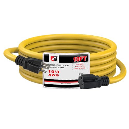 EP 10 Ft 10 Gauge Outdoor Extension Cord with T-Blade Plug, Heavy Duty NEMA 5-20 P/R Power Cord, 20A 250V 10/3 STW Cable for Lawn, Garden, Appliance, Yellow - size: 10ft