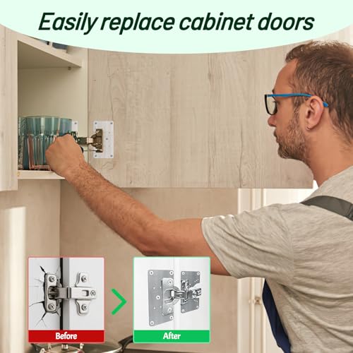 2 Pcs Cabinet Door Hinges, Cabinet Hinge Repair Plate Kit Fix Loose Sagging Cabinet Doors,Hinge Repair Plates for All Home Cabinets,Door Repair Kit Include(4 Repair Panels+2 Hinges+26 Screws) (1)