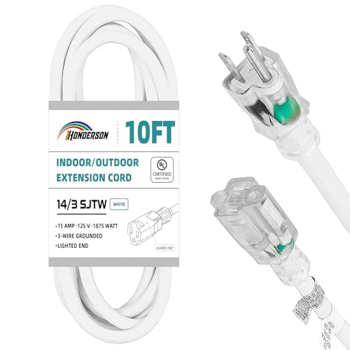 Indoor Outdoor Extension Cord Weatherproof with Lighted End, UL Certified, 14 Gauge 10FT White 3 Prong Heavy Duty, 14/3 SJTW 15A Power Cord for Outdoor Lights, Lawn - size: 10FT, style: 14/3