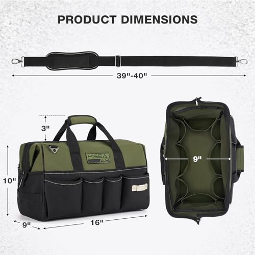 HISEA Heavy Duty Tool Bag 20 Pockets, 16-Inch Portable Tool Box Organizer, 600D Waterproof Wide Mouth Large Storage Toolbag for Electrician, Tradesman with Adjustable Shoulder Strap
