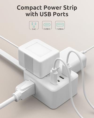 NUTICT 6FT Flat Extension Cord with Outlet Cover, Flat Plug Power Strip with 3 Outlets & 3 USB-C & 1 USB-A Port, Wall Mountable, Small Outlet Extender Hidden Behind Couch, Nightstand, Bed, White - size: 6FT