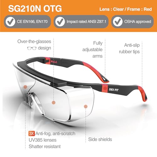 DEX FIT Safety Glasses Over Eyeglasses SG210N - Anti-Fog & Scratch Resistant Z87.1 Certified, Adjustable Temples, Side Shields, UV Protection, Clear Lens PPE for Men & Women; Black & Red, 1 PC - color: Black/Red - Clear, size: 1 PC