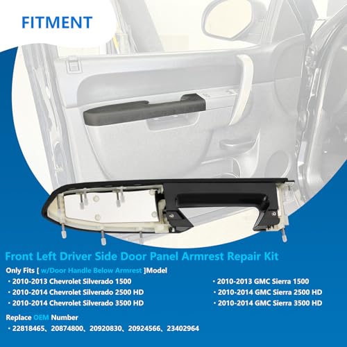 22818465 Front Left Driver Side Door Panel Armrest Repair Kit with Door Release Handle Below Armrest (17 Inch) Black Compatible with 2010-2014 Chevrolet Chevy Silverado/GMC Sierra 1500 2500HD 3500HD - color: Black