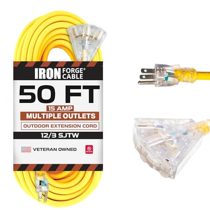 Iron Forge Cable 50 Foot Lighted Outdoor Extension Cord with 3 Electrical Power Outlets - 12/3 SJTW Heavy Duty Yellow Extension Cable with 3 Prong Grounded Plug for Safety, 15 AMP - size: 50 Foot, style: 1 Pack