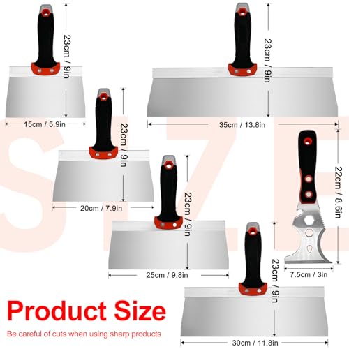 Drywall Taping Knife Set, 6 Pcs Stainless Steel Taping Knives Includes 6”,8”,10”,12”,14”, 3” Multifunctional Paint Scraper, Perfect Hand Tools for Drywall Joint Taping, Finishing and Patching - color: Black, 6pcs