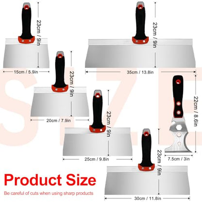 Drywall Taping Knife Set, 6 Pcs Stainless Steel Taping Knives Includes 6”,8”,10”,12”,14”, 3” Multifunctional Paint Scraper, Perfect Hand Tools for Drywall Joint Taping, Finishing and Patching - color: Black, 6pcs