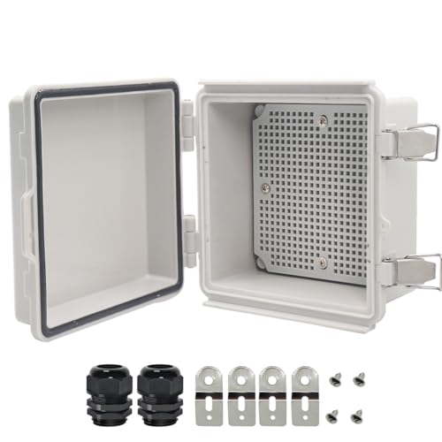 Zulkit Junction Box,IP67 Waterproof Electrical Box Hinged Cover Stainless Steel Latch Plastic Enclosure for Project with Mounting Plate Wall Bracket and 2 Cable Gland Grey 5.9"x5.9"x3.5"(150x150x90mm) - color: Grey Cover, size: 5.9"x5.9"x3.5"