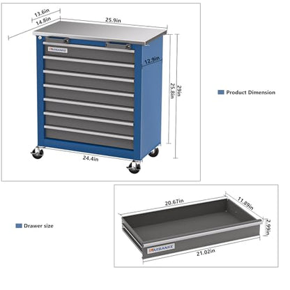 LARBANKE 7-Drawer Rolling Tool Chest with Key Locking System,Tool Chest with 360° Lockable Wheels and Four Padded Feet,can be Formed into a Large Workbench,Tool Storage Chest for Garage Workshops