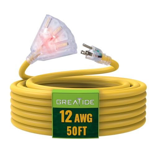 50 Ft Lighted Outdoor Extension Cord with 3 Electrical Power Outlets - 12/3 SJTW Heavy Duty Yellow Extension Cable with 3 Prong Grounded Plug for Safety, UL Listed - color: Yellow, size: 50ft