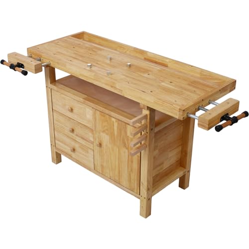 Montary 50-Inch Wood Workbench - Rubber Wooden Heavy Duty Work Bench with 3 Drawers 1 Cabinet Door and Shelf Integrated Vises for Garage Workshop, Woodworking and Home - size: 3 Drawers 1 Cabinet