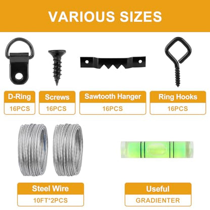 KURUI 303Pcs Picture Hangers for Wall Art Decor Tapestry, Picture Hanging Kit With Heavy Duty Wall Hooks, Sawtooth, Picture Wire, D Rings, Hardware Nails, Eye Hooks, Black Frame Hooks for Drywall Wood - size: Black