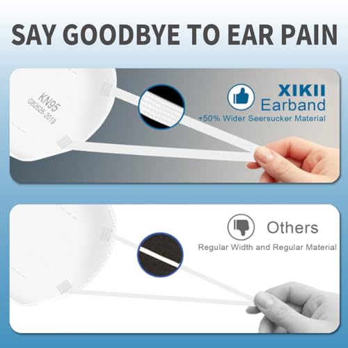 XIKII KN95 Face Masks 50 Pack 5-Ply Breathable & High Elastic Ear Loops, Alike N95 Masks for Adults 95% Filtration Efficient Foldable Mask Adjustable Nose Clip for Outdoor Activities