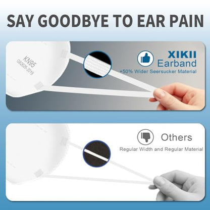 XIKII KN95 Face Masks 50 Pack 5-Ply Breathable & High Elastic Ear Loops, Alike N95 Masks for Adults 95% Filtration Efficient Foldable Mask Adjustable Nose Clip for Outdoor Activities