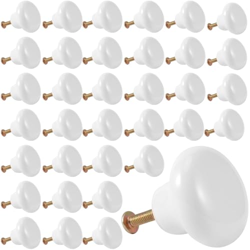 KEILEOHO 35 PCS White Ceramic Cabinet Knobs, Vintage Round Ceramic Drawer Knobs for Cabinet, Drawer, Dresser, Door, Kitchen, Locker Pull Handle Knobs, with 35 PCS Screws - size: 35 PCS