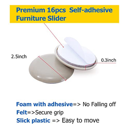 Self-Adhesive Furniture Slider, 2.5Inch Self-Adhesive Furniture Moving Pads, Adhesive Carpet Slider is Suitable for Carpet 16 Pieces, Furniture Moving Slide-Easily Move Any Item - size: 2 1/2 inch