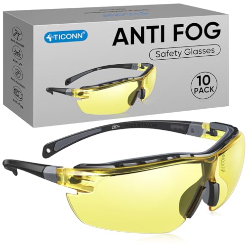 TICONN Anti-Fog Safety Glasses for Men and Women, ANSI Z87.1 Scratch Proof Eye Goggles with Adjustable Arms and UV Protection - style: 10 Pack/Yellow