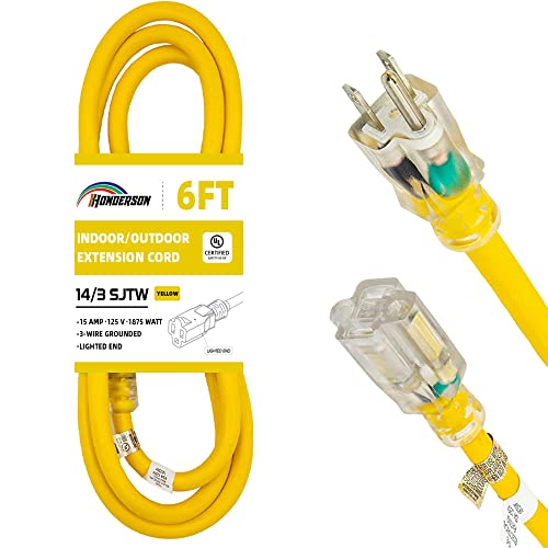 Indoor Outdoor Extension Cord Weatherproof with Lighted End, UL Certified, 14 Gauge 6FT Yellow 3 Prong Heavy Duty, 14/3 SJTW 15A Power Cord for Outdoor Lights, Lawn - size: 6FT, style: 14/3