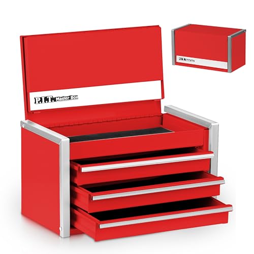 P.I.T. Mini Tool Box 8.6 Inch, Portable 3 Drawer Steel Stackable Tool Box with Magnetic Tab Locking, Red Micro Top Chest with Liner for Tools Storage and Organizers, Home DIY - color: Red, size: 3-Drawer