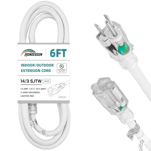 Indoor Outdoor Extension Cord Weatherproof with Lighted End, UL Certified, 14 Gauge 6FT White 3 Prong Heavy Duty, 14/3 SJTW 15A Power Cord for Outdoor Lights, Lawn - size: 6ft, style: 14/3