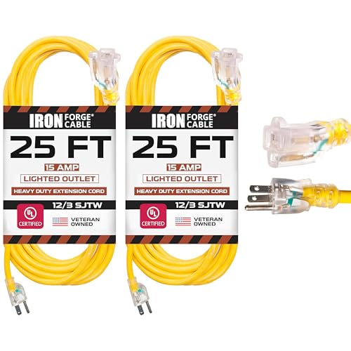 IRON FORGE CABLE 2 Pack of 25 Foot Outdoor Extension Cords - 12/3 SJTW Heavy Duty Lighted Yellow Extension Cable with 3 Prong Grounded Plug for Safety, 15 AMP - Great for Garden and Major Appliances - size: 25FT-2pk