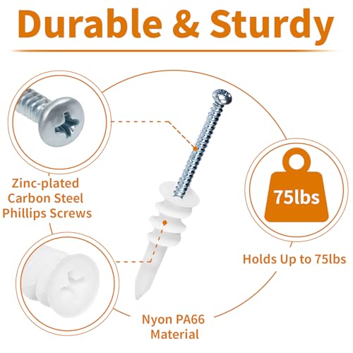 320Pcs Self Drilling Drywall Anchors and Screws Kit, 3 Sizes Nylon Wall Anchors for Hollow Walls, No Pre-Drilling Required, Holds Up to 75lbs (160 Anchors + 160 Screws)