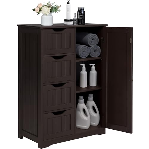 Yaheetech Wooden Bathroom Floor Cabinet, Side Storage Organizer Cabinet with 4 Drawers and 1 Cupboard, Freestanding Entryway Storage Unit Console Table, Home Decor Furniture, Brown - color: Espresso, size: 22 x 12 x 32.5 In (LxWxH)
