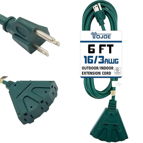 YOJOE 3-Outlets Indoor Outdoor Extension Cord, 3 Prong 13A Weatherproof Power Cord Multiple Outlets, 16 Gauge Heavy Duty 6 ft Green Extension Cord for Garage, Garden, 16/3 SJTW UL Listed - color: Green, size: 6 Foot, style: Standard