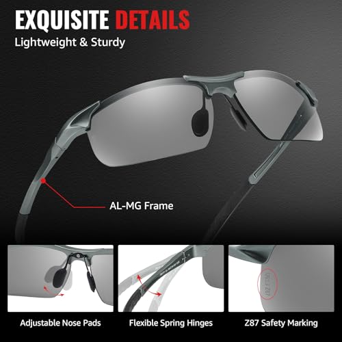 TJUTR Mens Photochromic Sunglasses Day & Night Driving Z87 Sun Glasses Polarized UV400 Protection Safety Glasses - color: B Gun/Z87 Photochromic Polarized Safety Lens