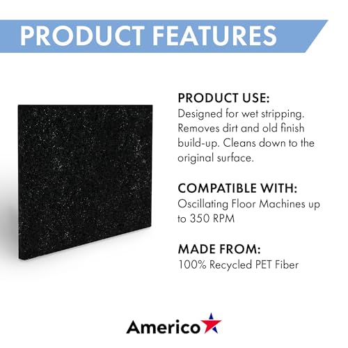 Americo Black Strip Stripping Floor Pad, 12"x18", 5 Pads/Case, Made of 100% Recycled Content, USA Made - size: 12"x18"