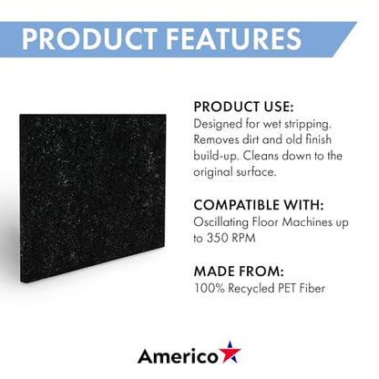 Americo Black Strip Stripping Floor Pad, 14"x32", 5 Pads/Case, Made of 100% Recycled Content, USA Made - size: 14" x 32"