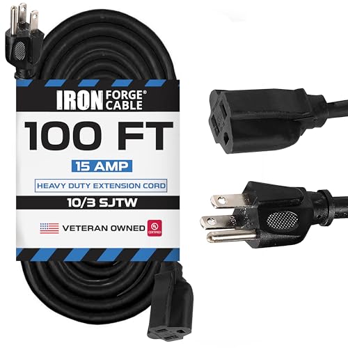 Iron Forge Cable 100 ft Outdoor Extension Cord - 10/3 SJTW Heavy Duty Black Extension Cable with 3 Prong 15 AMP Grounded Plug for Safety - color: Black, size: 100 Foot