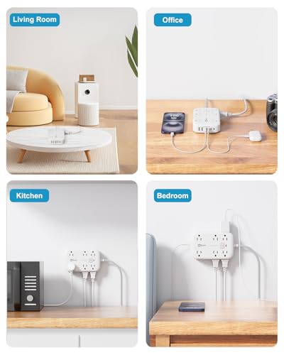 Flat Multi Plug Extender with 6 USB Wall Charger(3 USB C), 12 AC Outlets Wall Adapter, 3 ft Thin Extension Cord, Flat Plug Surge Protector Power Strip (2100J) for Home, Office, College Dorm. White - size: 3 FT, style: 12AC+3U3C