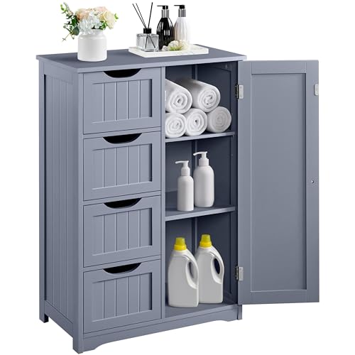 Yaheetech Bathroom Floor Cabinet, Freestanding Storage Organizer Unit Kitchen Cupboard W/ 4 Drawers & Adjustable Shelves, Using for Kitchen/Bathroom, Gray - color: Grey, size: 22 x 12 x 32.5 In (LxWxH)