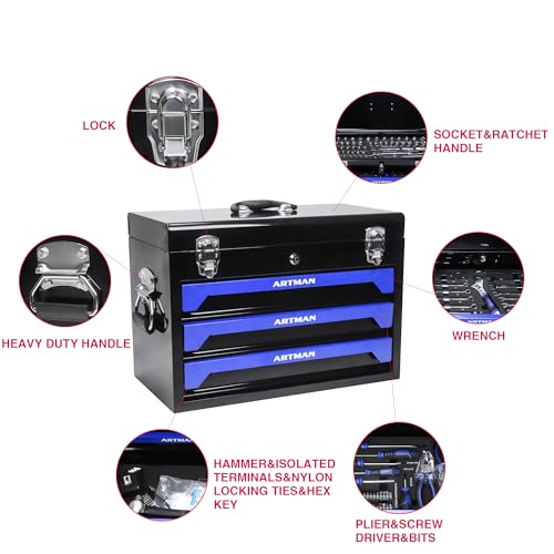 Runboll Mechanics Tool Set 339-Piece 3-Drawer Toolbox with Tools Kits Included, with pliers, ball hammer, screwdrivers, wrenches, Hex Keys, and More - color: Blue, size: Toolbox w/ Kits
