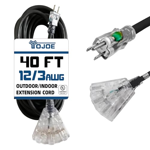 YOJOE 3-Outlets Indoor Outdoor Extension Cord with Lighted End, 3 Prong 15A Weatherproof Power Cord, 12 Gauge Heavy Duty 40 ft Black Extension Cord Multiple Outlets, 12/3 SJTW UL Listed - color: Black, size: 40 Foot