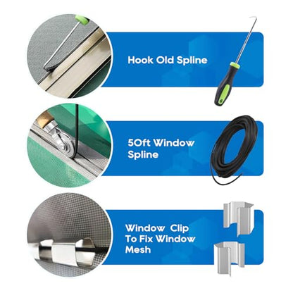 King&Charles Window Screen Door Repair/Replacement Kit, Include Black Screen Mesh 59"x106"+ 2 Roller+50Ft Spline+8Clips+Hook, 6 in 1 Window Mesh Kit, Steel/Nylon Bearing Roller - color: Black, size: 59"×106" Kit